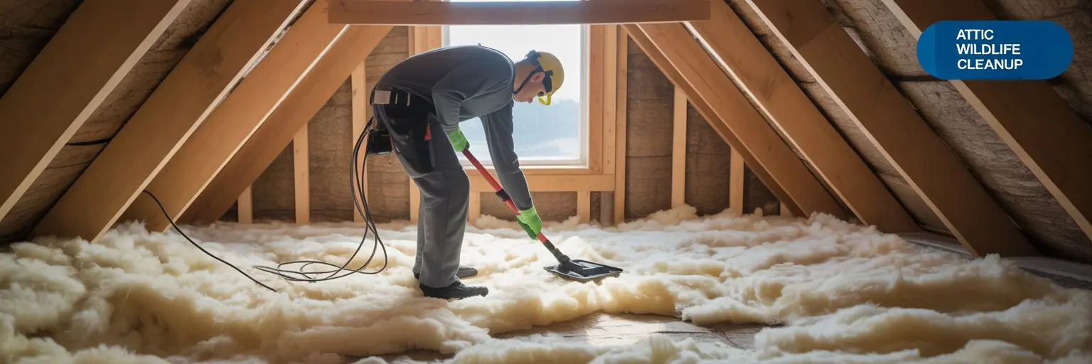 Technician cleaning contaminated insulation in an attic