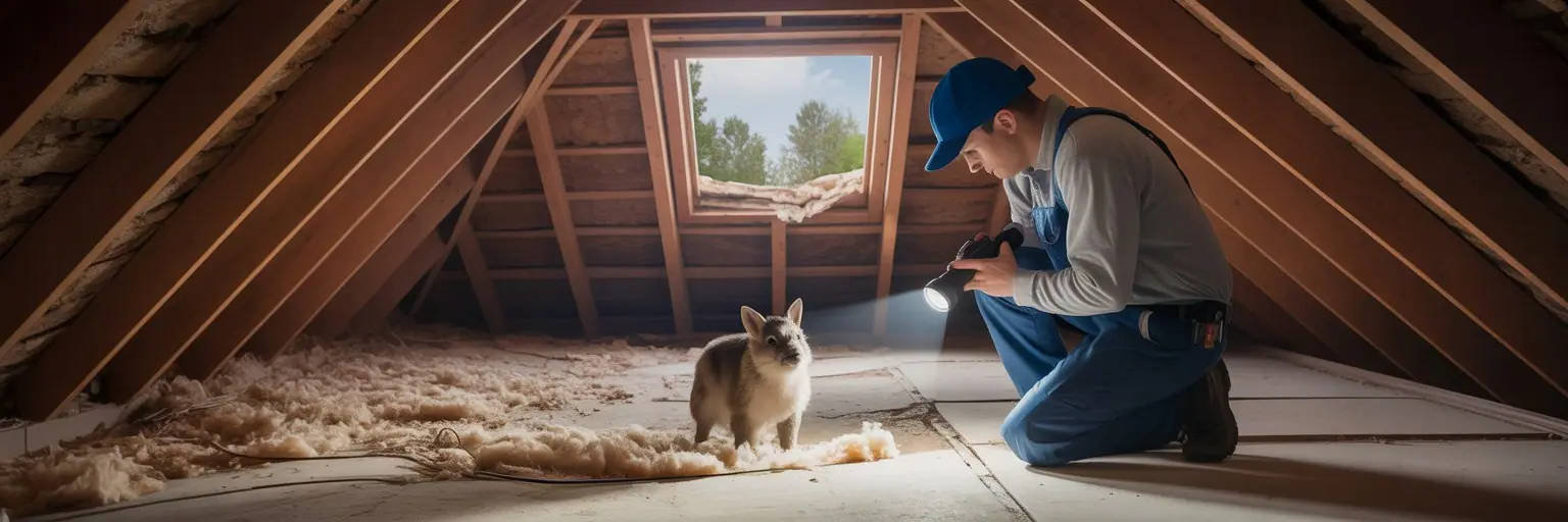 Technician inspecting an attic with a flashlight while a raccoon looks on