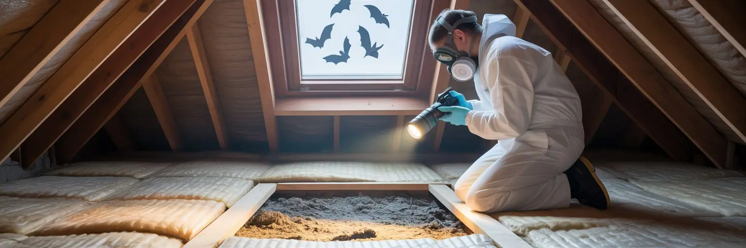 Technician in a protective suit inspecting bat guano in an attic