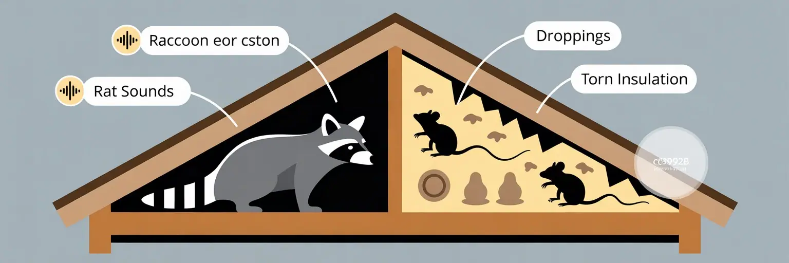 Illustration comparing raccoon and rat signs in an attic