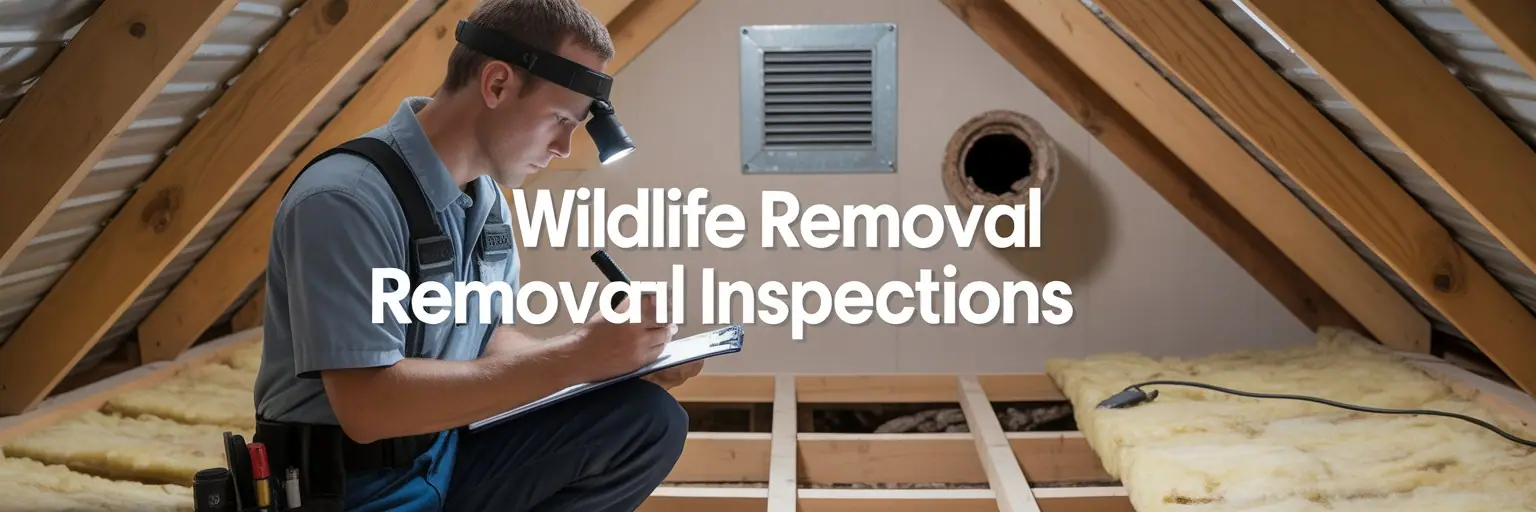 Technician inspecting an attic vent, titled Wildlife Removal Inspections