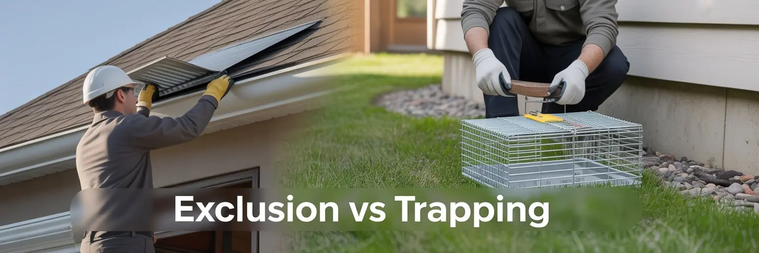 Technician sealing a roofline beside a live trap, titled Exclusion vs Trapping