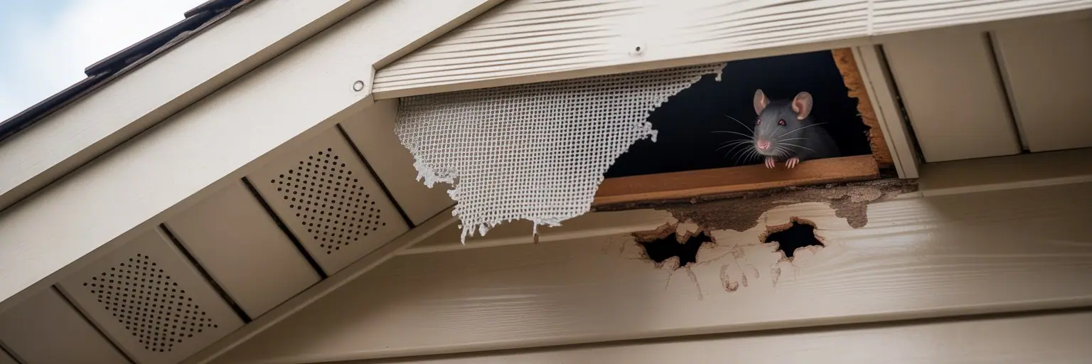 Rat looking out of a damaged soffit
