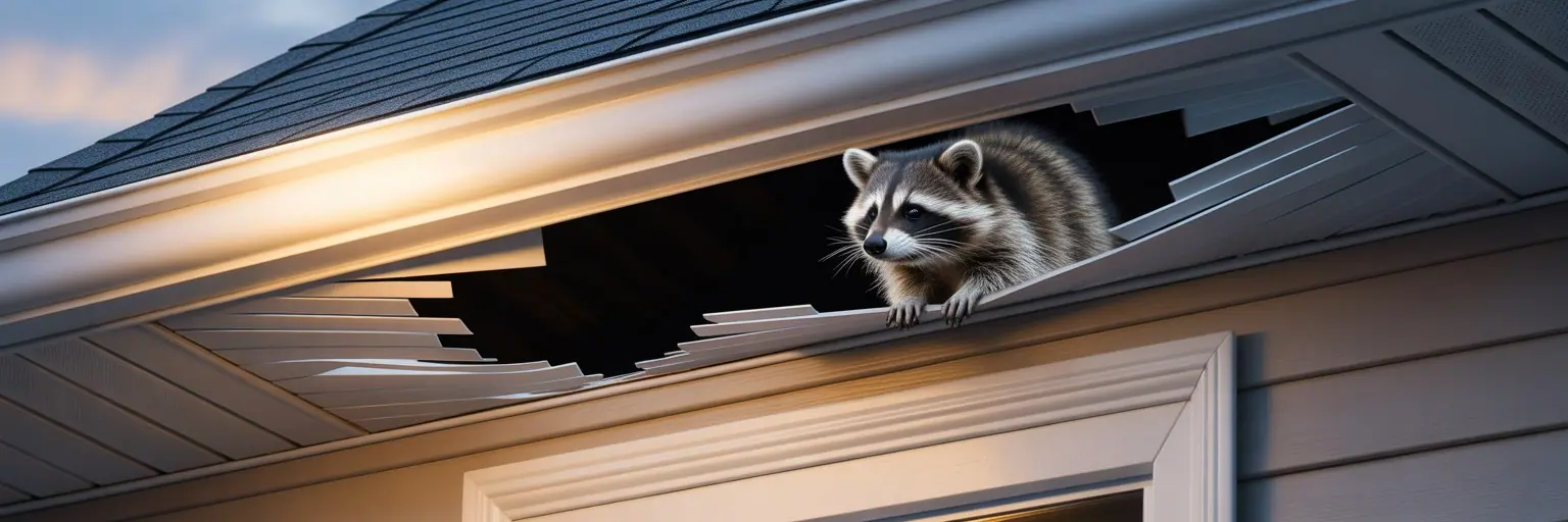 Raccoon looking out of a torn-open soffit