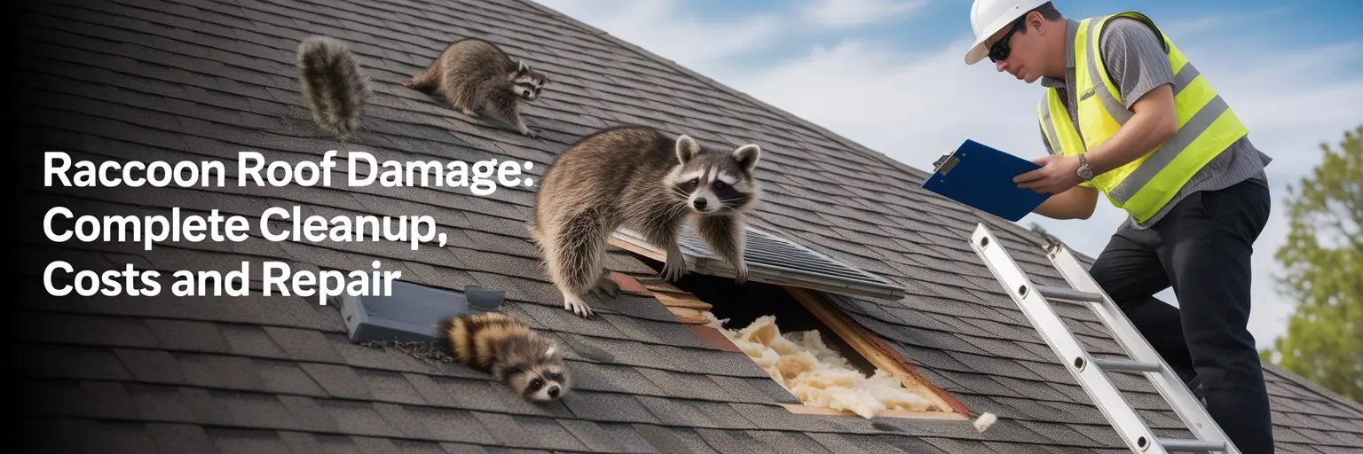 Inspector on a ladder documenting raccoon damage to a roof