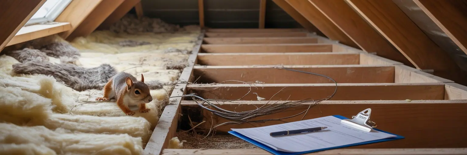 Squirrel in damaged attic insulation next to a clipboard