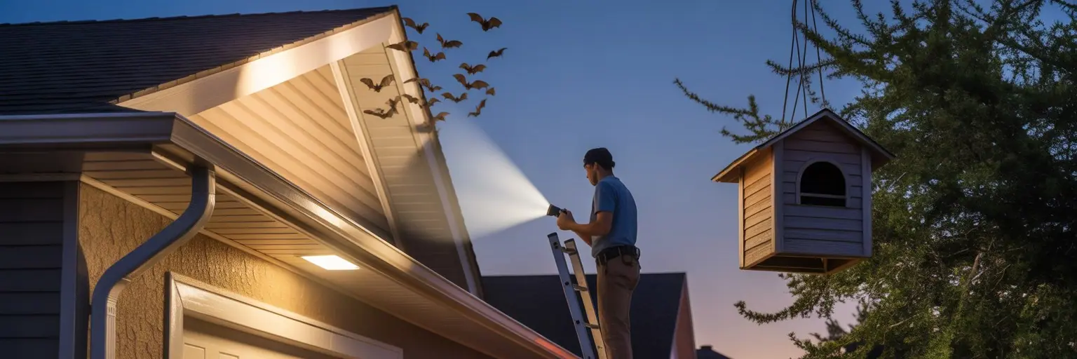 Technician inspecting a bat house beside a home at dusk