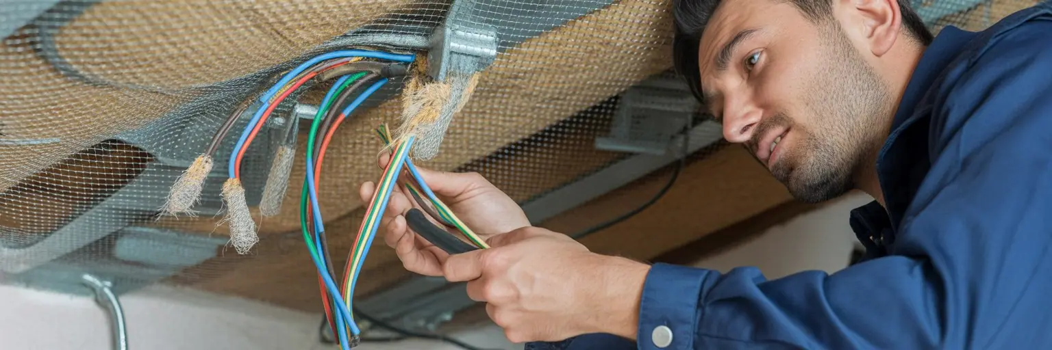 Technician repairing chewed electrical wiring