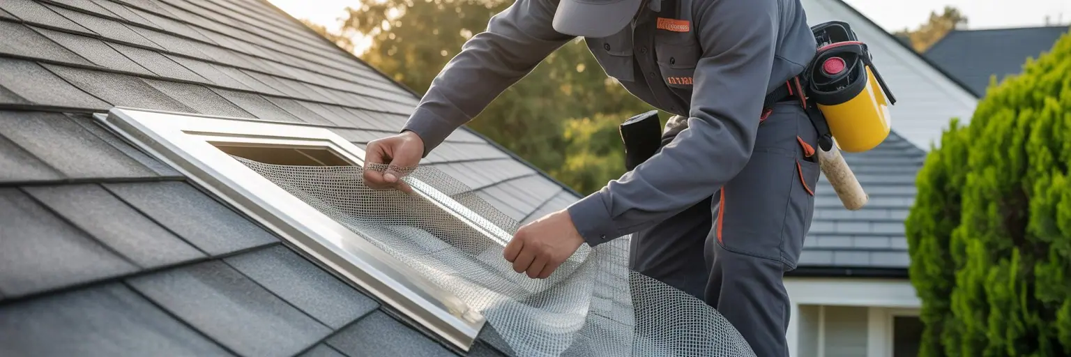 Technician installing a vent screen on a roof