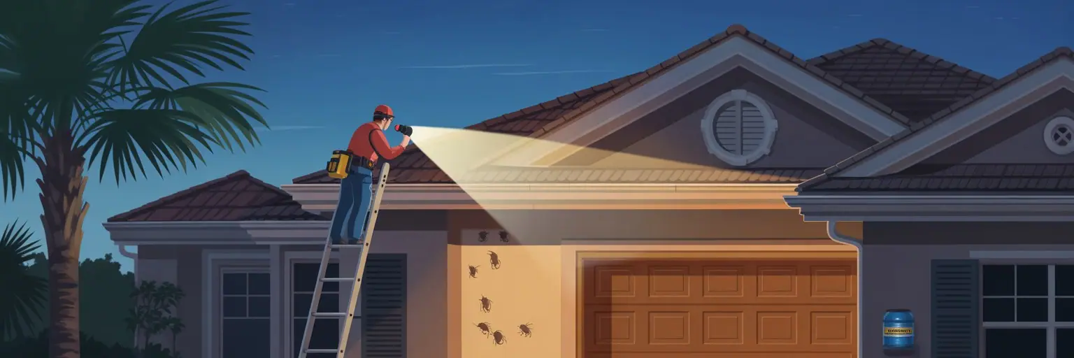 Technician on a ladder inspecting a Florida home with a flashlight