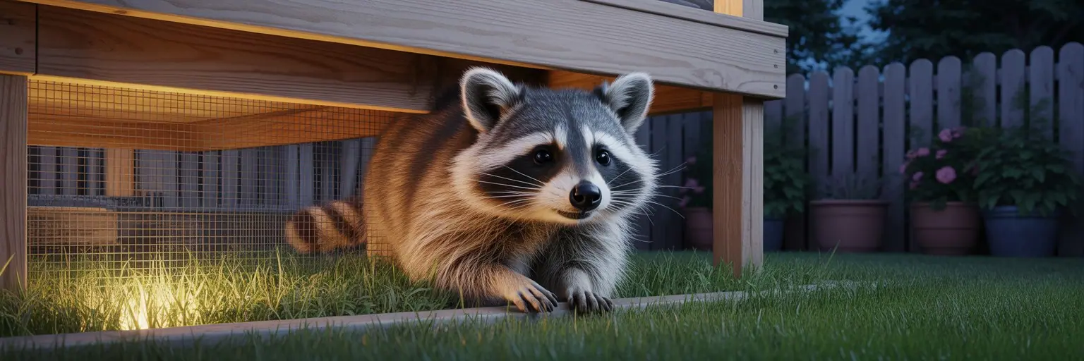 Raccoon under a backyard deck