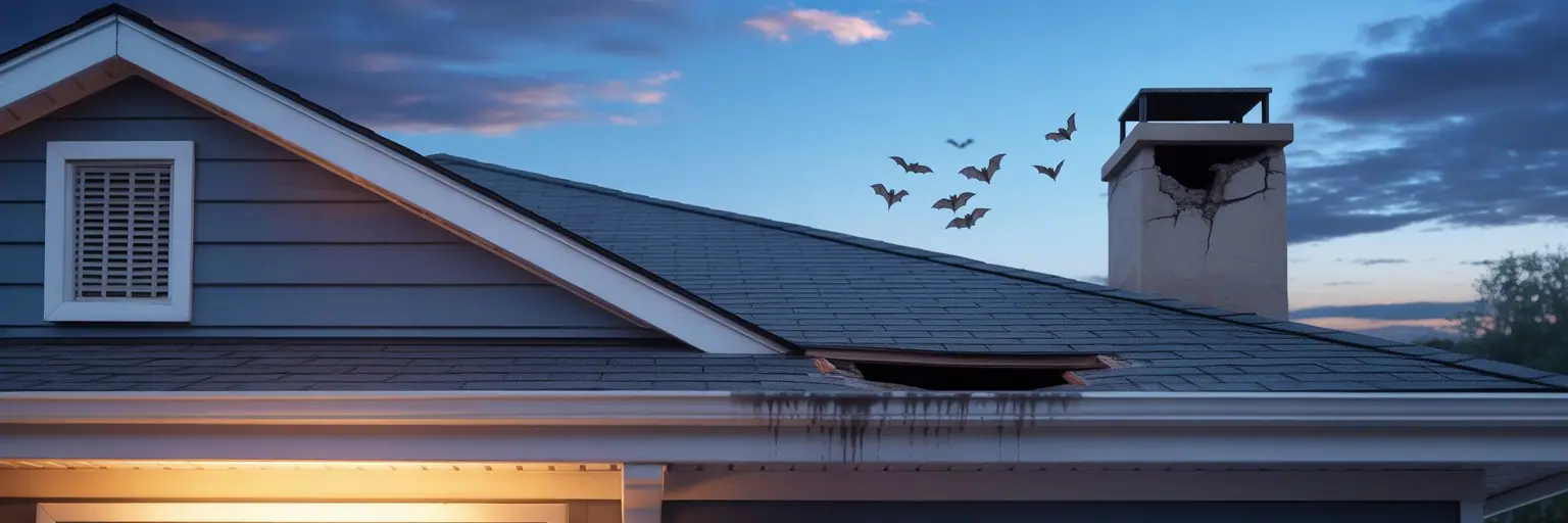 Bats flying toward a home's roofline at dusk