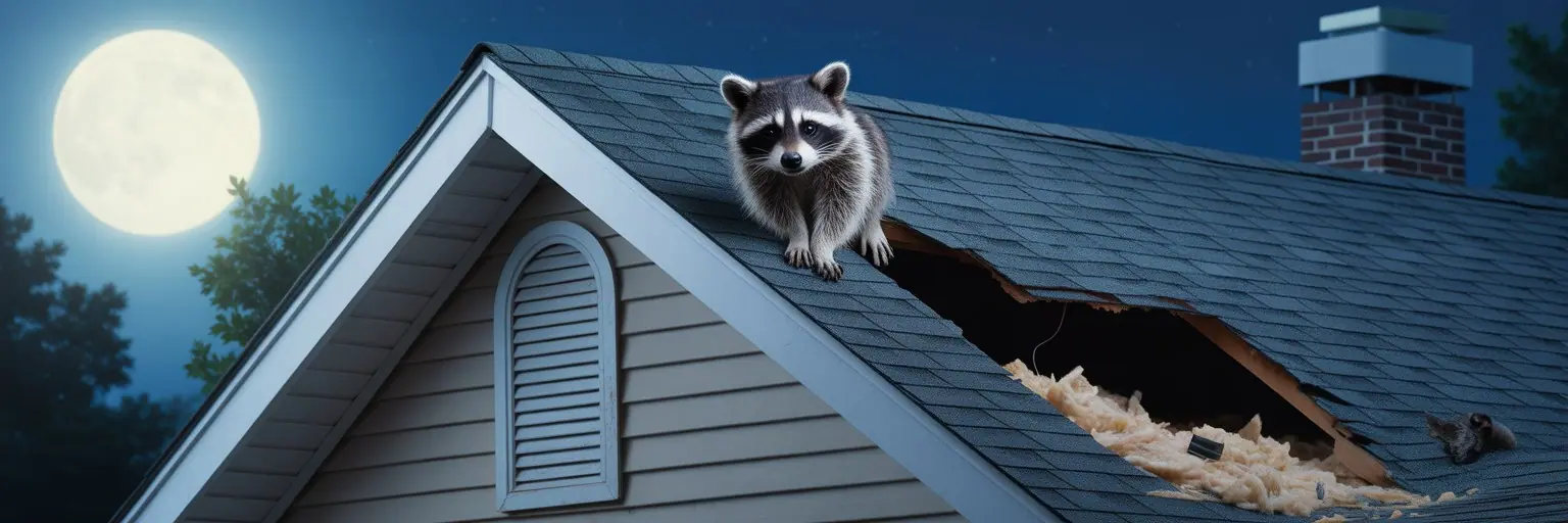 Raccoon on a damaged roof at night