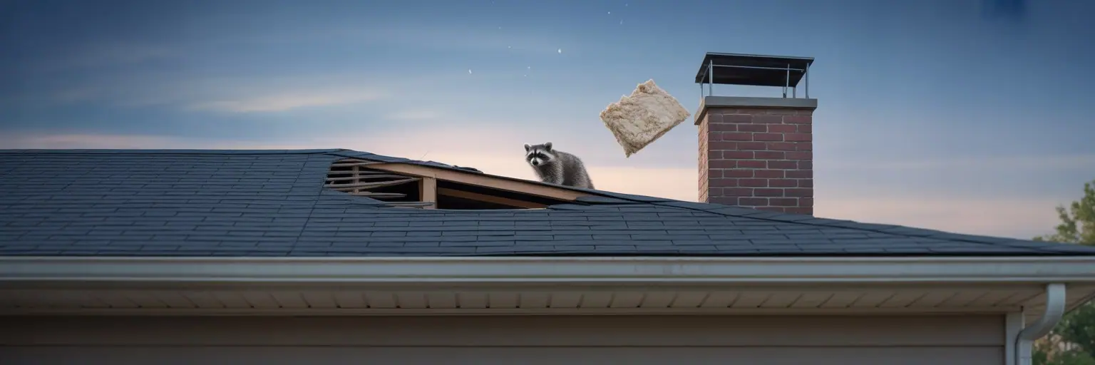 Raccoon on a roof near a torn vent at dusk