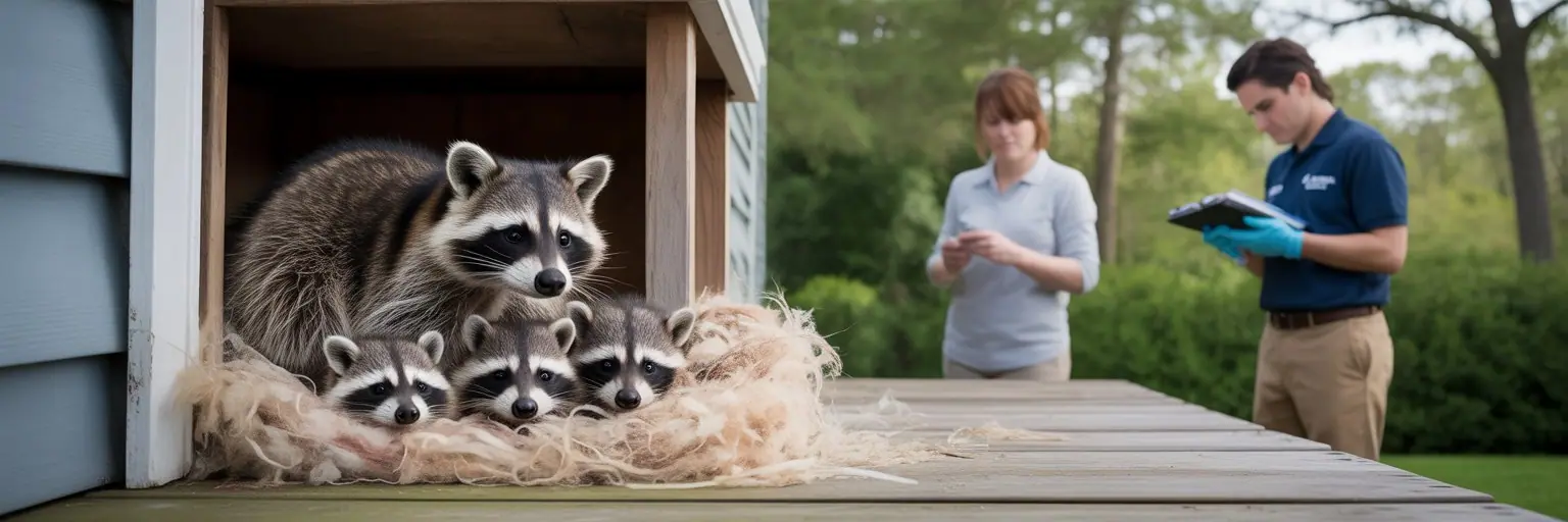 Raccoon mother and kits nesting by a shed while two inspectors take notes