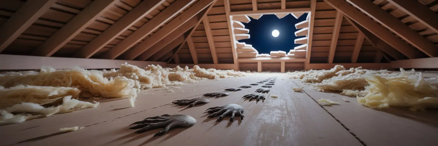 Raccoon tracks across attic flooring under a torn-open roof vent