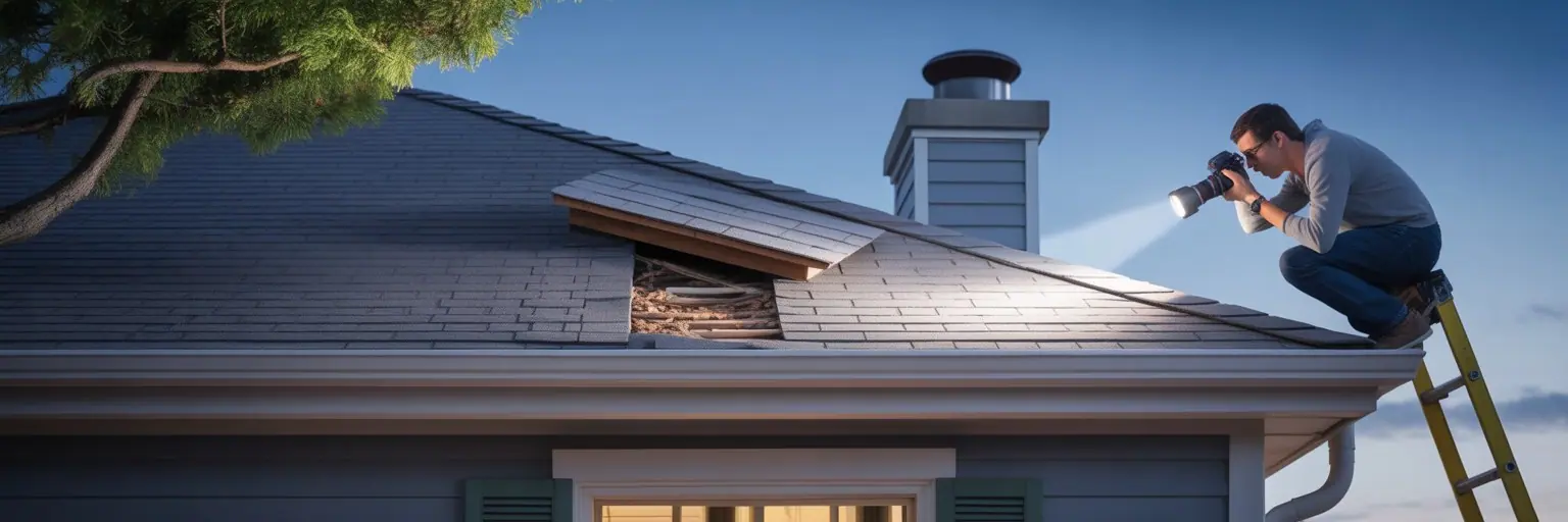Technician inspecting a roofline with a flashlight