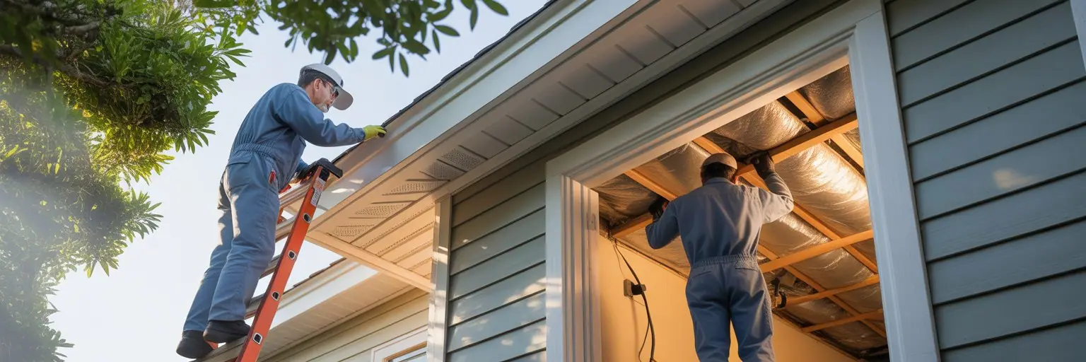 Technicians inspecting a home's attic and garage