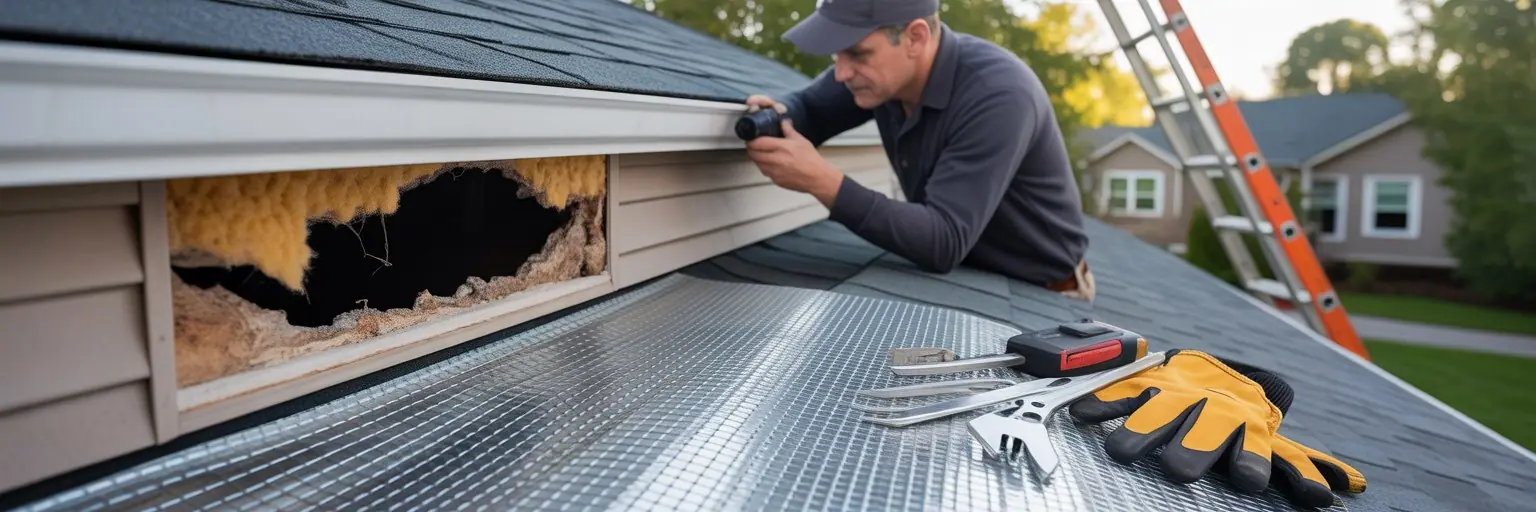 Damaged soffit opening on a roof edge