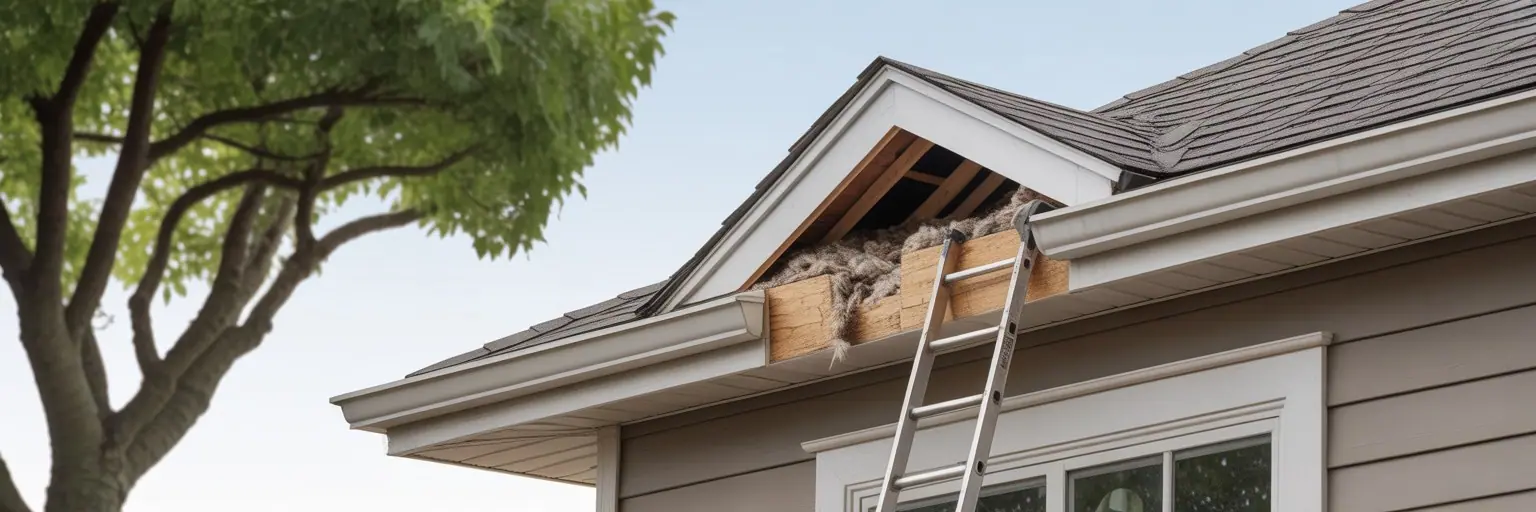 Damaged soffit with a ladder against a home