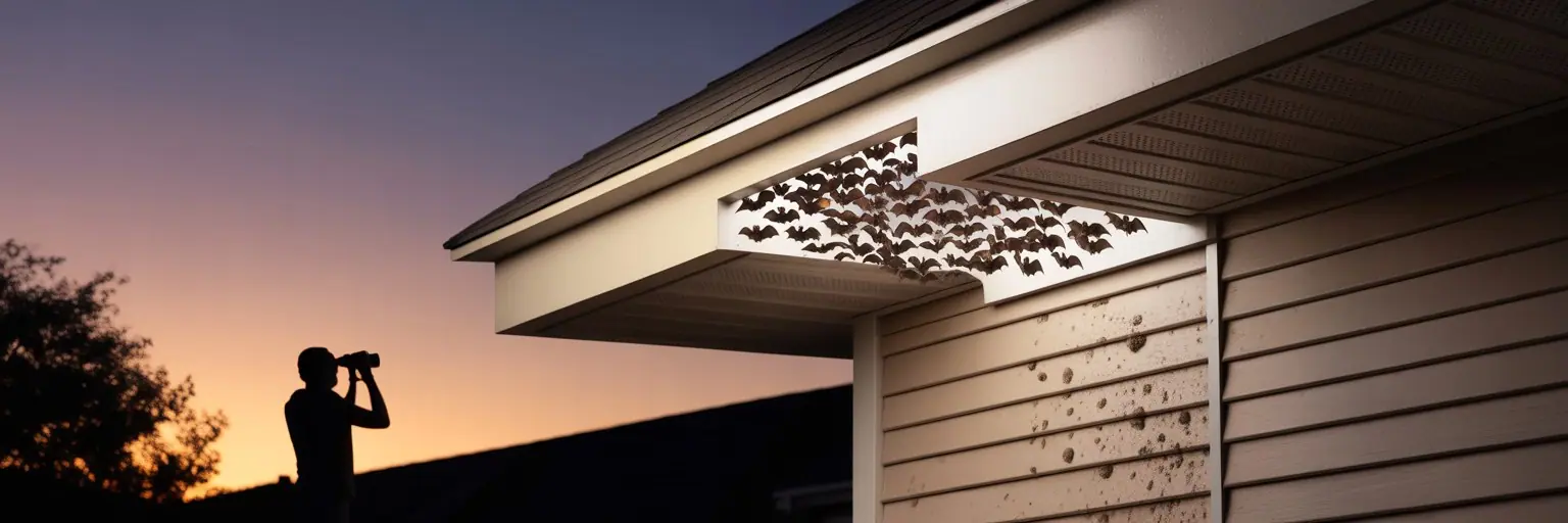 Person watching bats leave a roofline vent at dusk