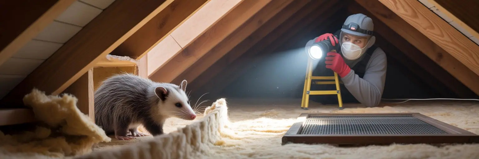 Opossum in attic insulation while a technician inspects with a flashlight