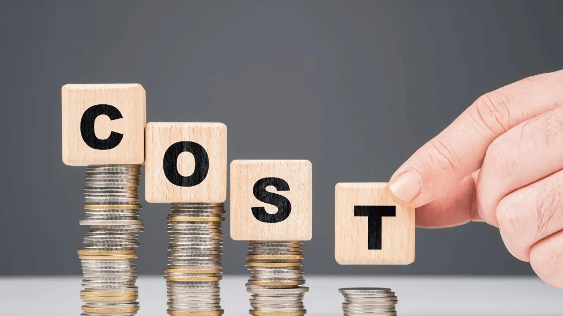 Wooden blocks spelling COST on stacks of coins