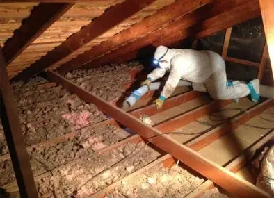 Technician in a protective suit treating attic insulation