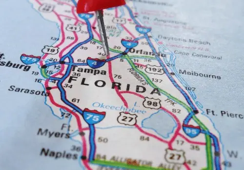Road map of Central Florida with a pin near Tampa