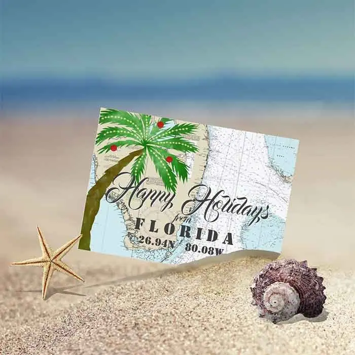 Happy Holidays from Florida postcard on a beach
